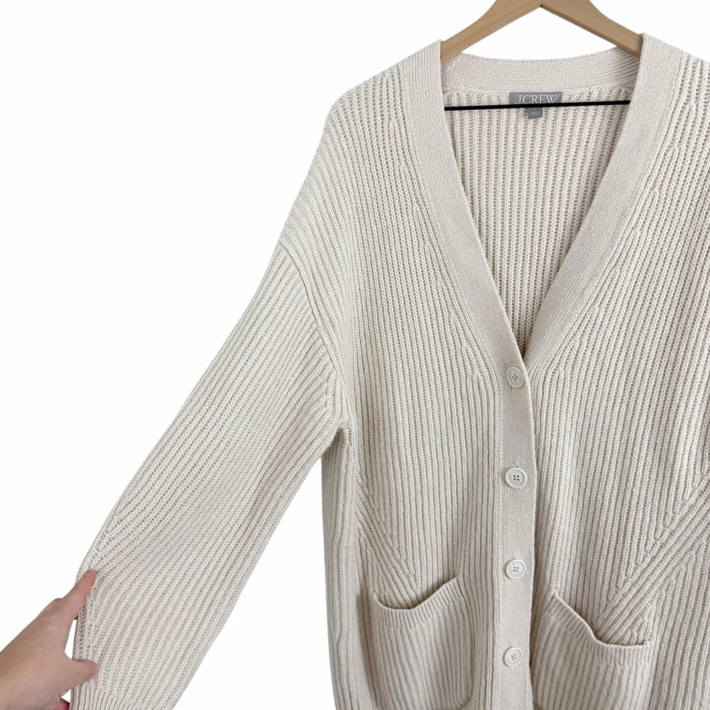J. Crew Ribbed V-Neck Cardigan Sweater Beige Size Large Oversized Fit